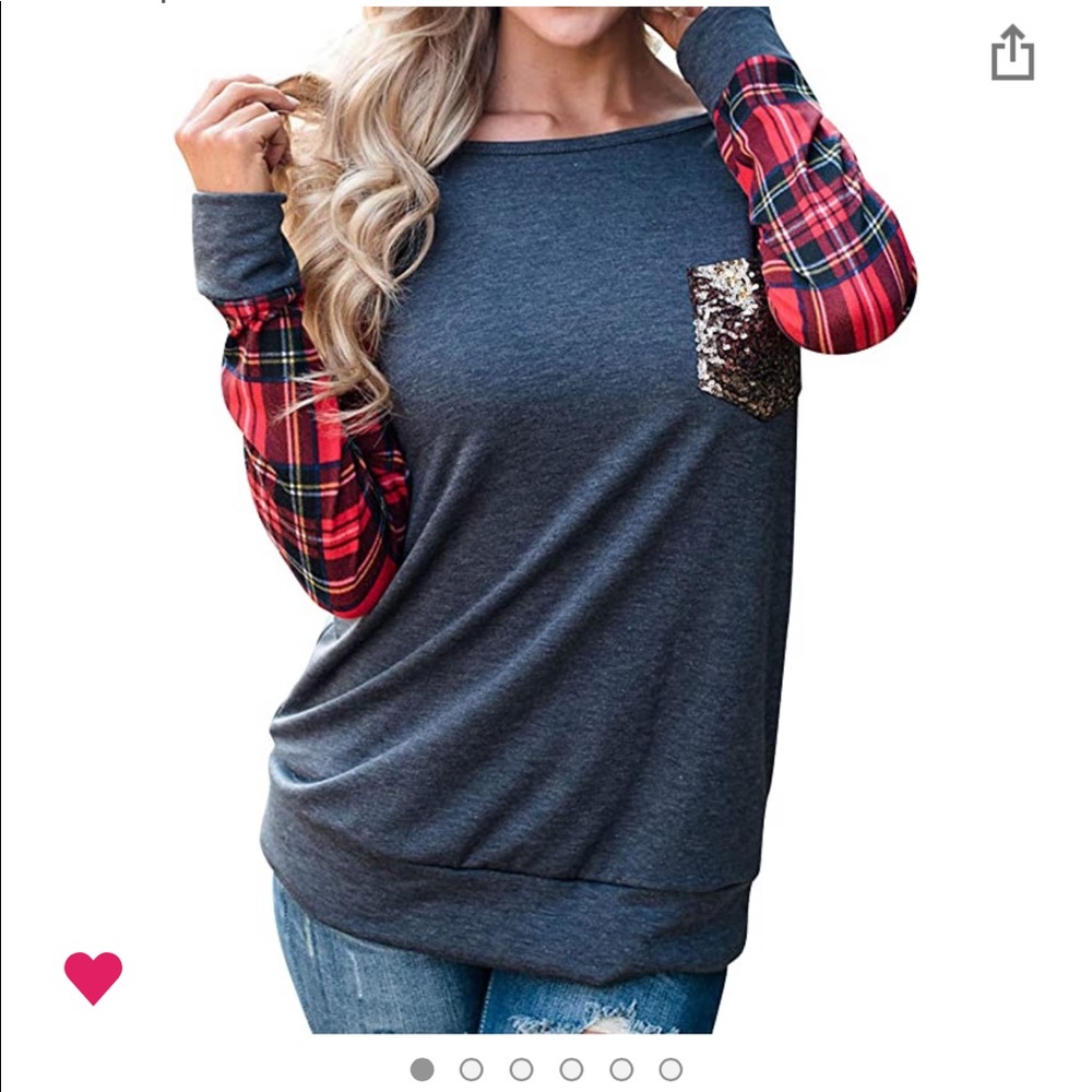 NEW PLAID SEQUIN POCKET Blouse - Picture 1 of 7